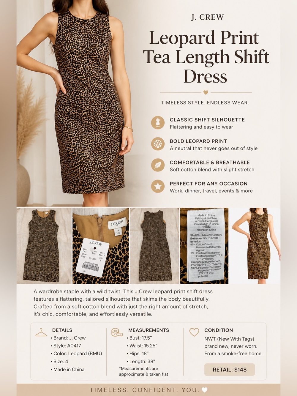 NWT J.Crew Leopard Print Tea Length Shift Dress Size 4
